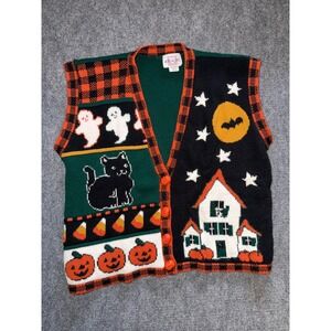Vintage Heartworks Halloween Sweater Vest Medium Black Cat Ghost Pumpkin USA